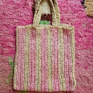 Pink and Tan Woven Tote Bag